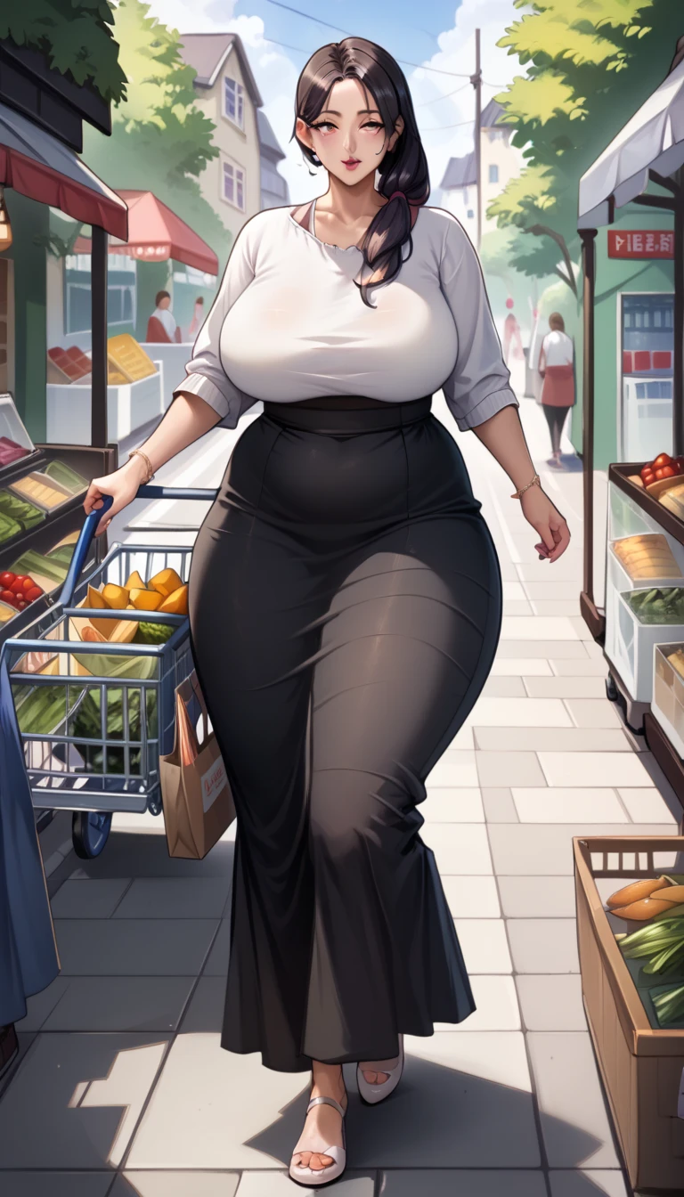 Scarlett Johansson, masterpiece quality, (masterpiece quality:1.3), detailed, realistic, (realistic:1.3), 1girl, solo, (solo:1.9), alone, in a cake shop, lots of cake in background, cake on shelves in background, long raid, red hair, wearing choker collar, wearing black dress, (black dress:1.5), long skirt, (long skirt:1.5), chubby body, chubby belly, (chubby belly:1.2), big breasts, (bug breasts:1.2), covered breasts, (covered breasts:1.5), 
