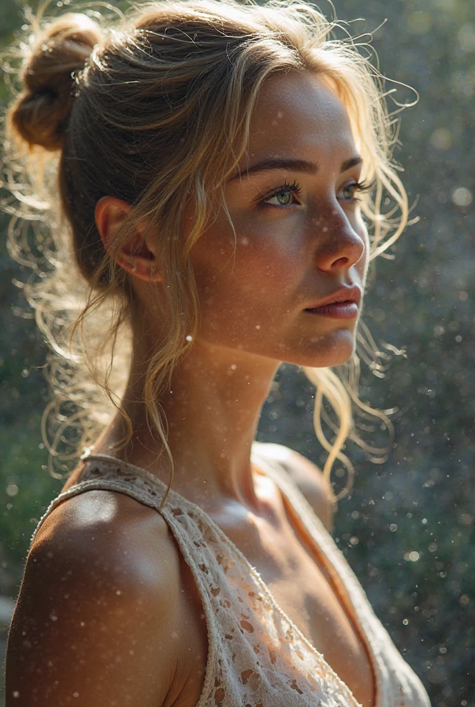 Beautiful curvy freckled blonde woman, David Hamilton Style, summer, wet, backlighting, golden hour, amazing, in the dusty attic, soaked jeans, hazy foggy etheral morning, detailed face, detailed symmetrical circular iris, realist, stunning realist photograph, octane rendering, intricately detailed, cinematographic, tiny tousled fabric, sultry, Fair, exposed, boxers, camel towel in shorts, detailed face, foggy, sweaty, rays of god, Hoar, atmospheric, Photojournalism, busy background, volumetric lighting, neoexpresionism, Artistic photography, magnificent mood, misty morning, surrounded by flowers and petals, touching her ass, sun rays on the skin, sweaty, wide, ultrarealist, nakedness, sending a kiss