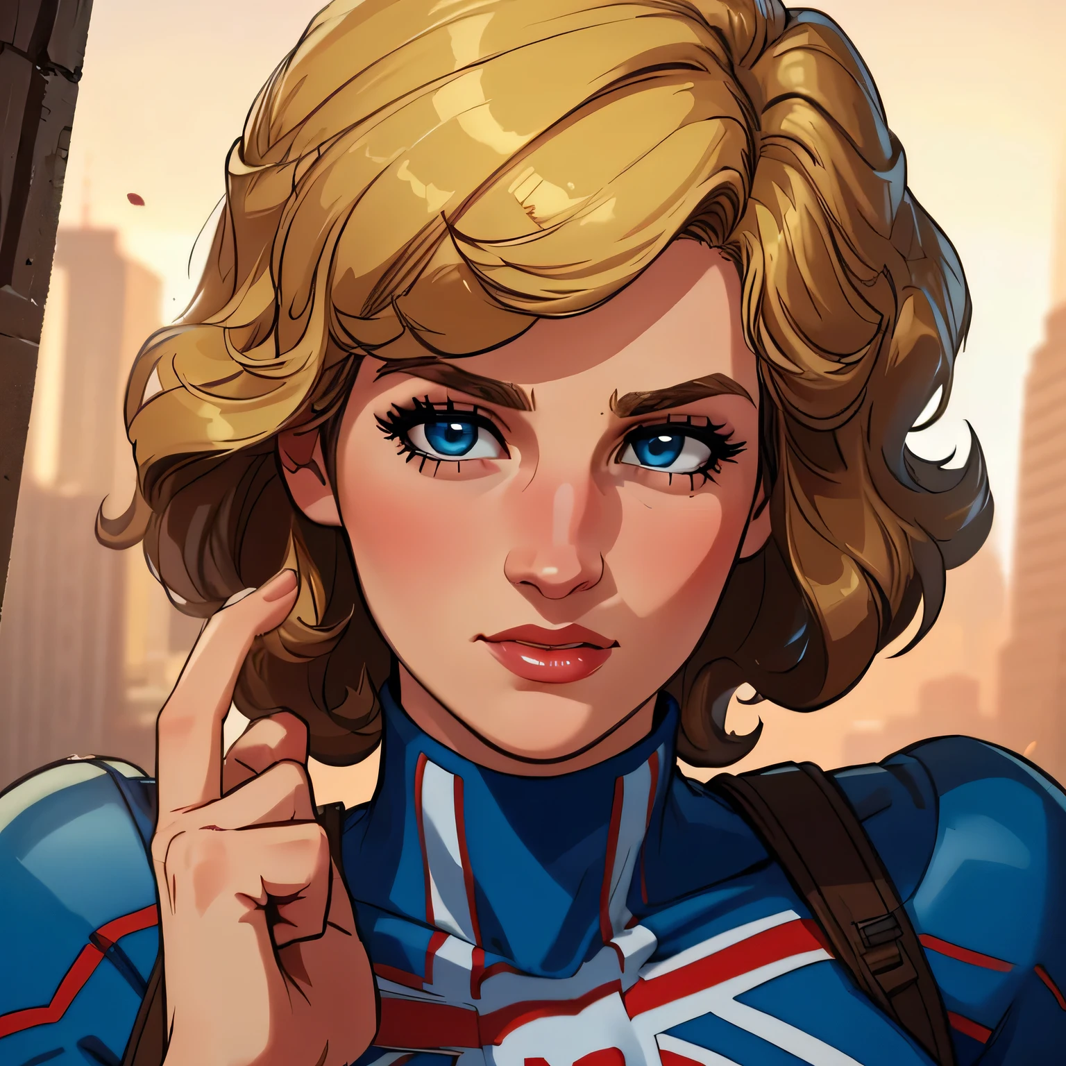 (masterpiece:1.3), (8K, Realistic, RAW Photos, Highest quality: 1.4), (One Girl), Beautiful Face, (Realistic Face), Beautiful Hairstyles, Realistic eyes, Beautiful details, (Realistic Skin), Beautiful Skin, Absurd, charm, Ultra-high resolution, Ultra-realistic, Very detailed, Golden Ratio, (Best Shadow), Cinematic, (Complex:1.4), High Contrast, Side lighting, ((Princess Diana)), Fighting pause, ((Accurate hands and fingers)), ((captain Britain)), Caucasian female, (Blonde Hair, short hair:1.3), (she have UnionJack costume), (UnionJack round shieldを構える), BREAK ((全身を写す))
