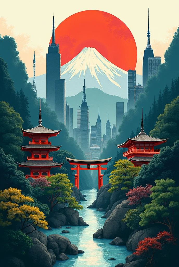 abstract drawing of the contrast of ancient Japan and current Japan with nature, Society, light and architecture