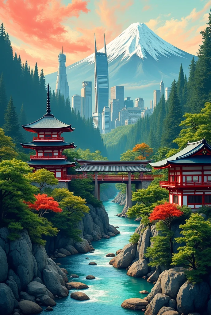 abstract drawing of the contrast of ancient Japan and current Japan with nature, Society, light and architecture