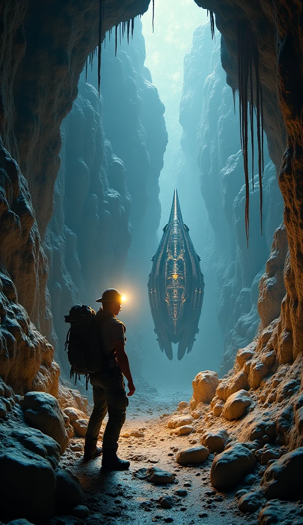 “Explorer inside Cueva de los Tayos, looking at mysterious metallic object”