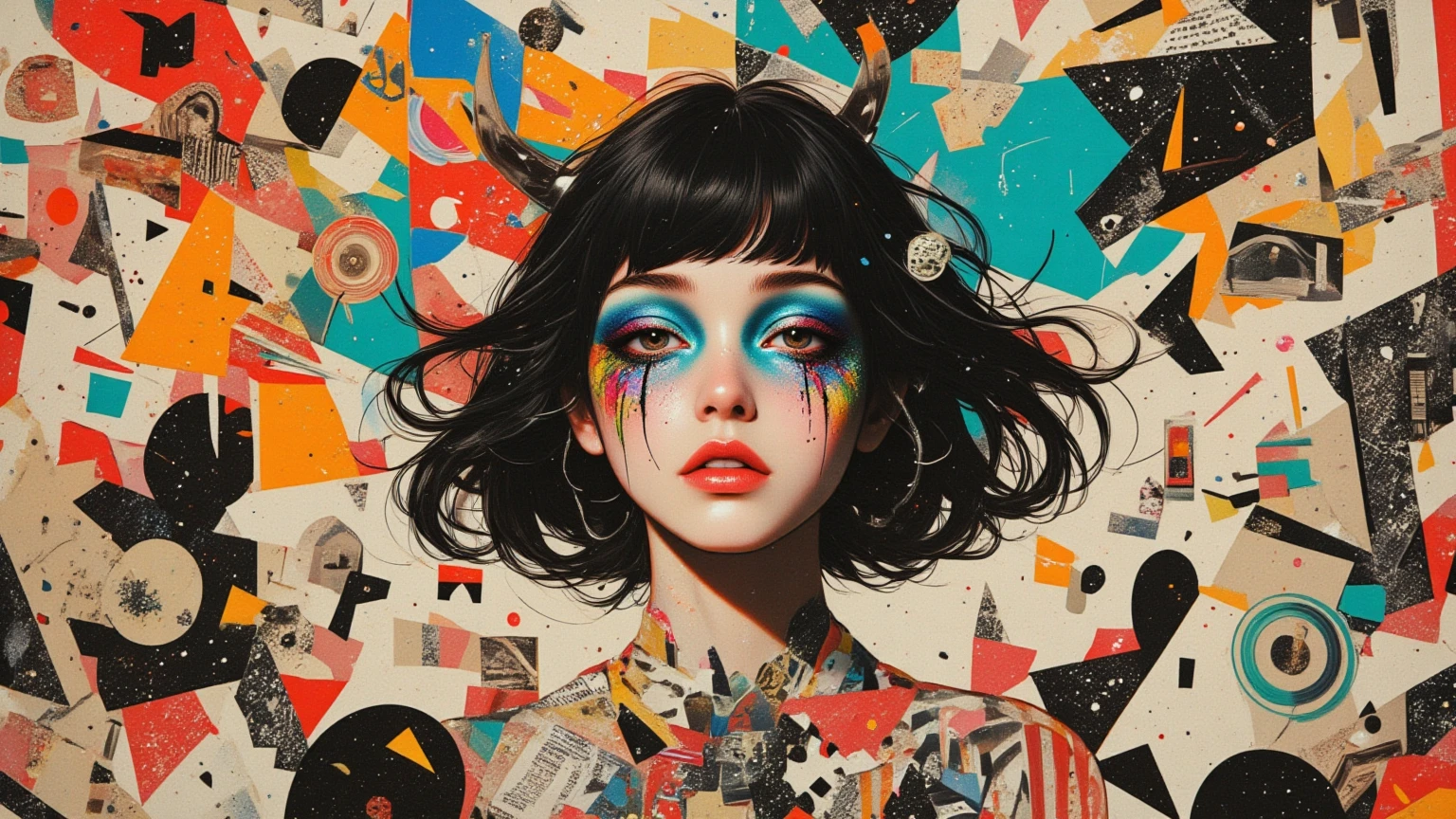 collage art。Old magazine cutout style。

the line that intersects with other people's dreams: a woman who should appear in someone's dream made a mistake ( Do you glue it to、Intentionally  ) it has crossed this world. and all of her environment settings etc. don't match perfectly.