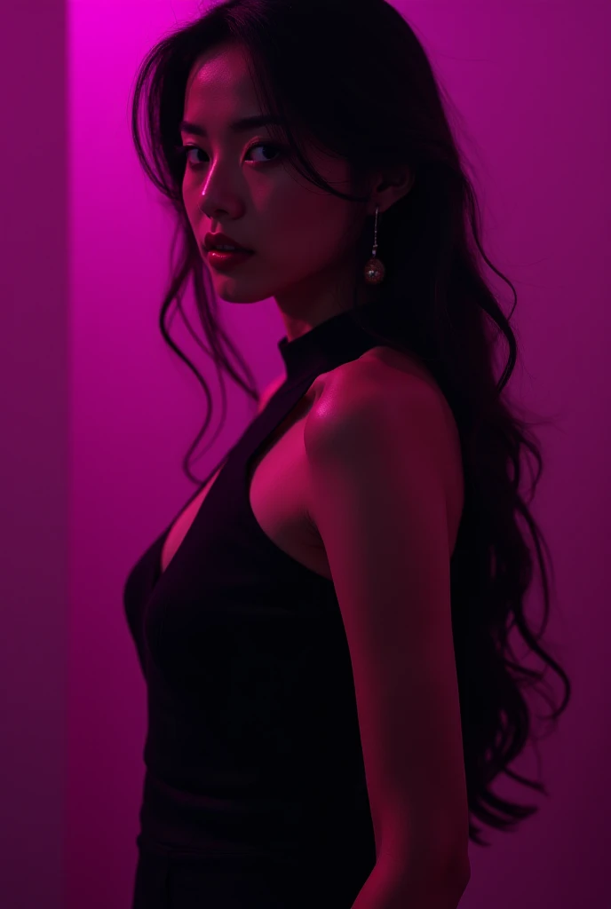 the beautiful woman in purple, in the style of contrasting lights and darks, playful body manipulations, dark pink, whiplash curves, photorealistic compositions, backlit photography, hyper-realistic pop 