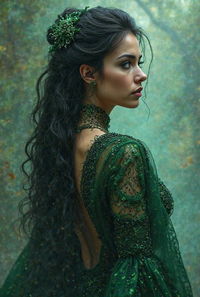 Woman dressed as if she were wearing green and black hair with Maria Chiquinha's hair