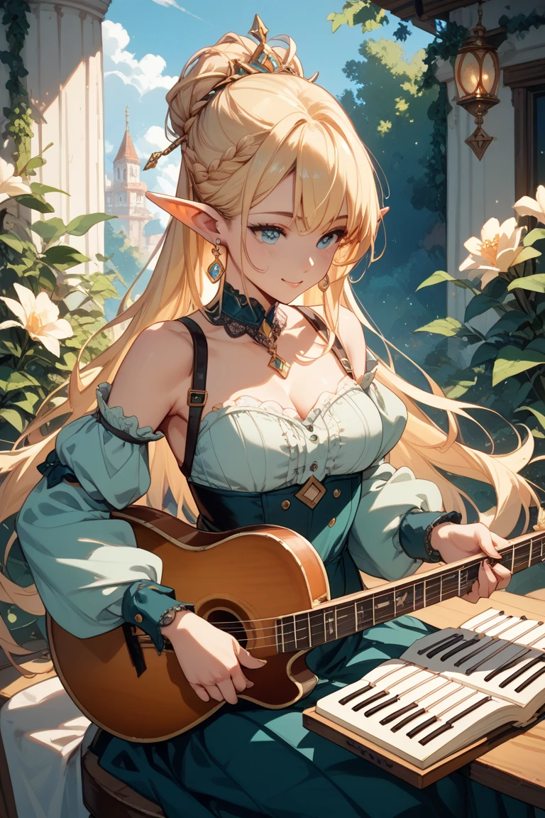 ((masterpiece)), (top quality), (best quality), ((ultra-detailed, 8k quality)), Cinematic lighting, Volumetric lighting, (detailed line art), absurdres, (best composition), (high-resolution), Aesthetics, serene mood, (a graceful gorgeous young elf woman, sitting cross-legged as she plays a lute instrument the crowd),  ((pretty and elegant)), (((playing a lute musical instrument))), ((performing music while sitting outdoors at a (medieval:1.3) spring festival)), ((graceful physique)), medium breasts, (elegant black silk shimmering cocktail dress with gold embroidery), cheerful spring lighting, (outdoors at the crowded village festival), ((people in background field of flowers and tents medieval Europe style)), celebration!, depth of field, sharp focus, (fantasy:1.3), [cinematic dramatic atmosphere],[atmospheric perspective],
BREAK,
highly detailed of ((elf:1.4)), (1girl), solo, perfect face, details eye, hair Bun, (hime cut, bangs:1.2), (white shining hair:1.2),((blindfolded, eyes closed)), (beautiful detailed eyelashes, eyeshadow, pink eyeshadow),  gentle smile, Concept art by Mikimoto Haruhiko, by Kawacy, By Yoshitaka Amano, BREAK, 
((perfect anatomy)), perfect body, (medium breast), perfect hands, perfect face, beautiful face, beautiful eyes, perfect eyes, (perfect fingers, deatailed fingers), correct anatomy, perfect legs, 