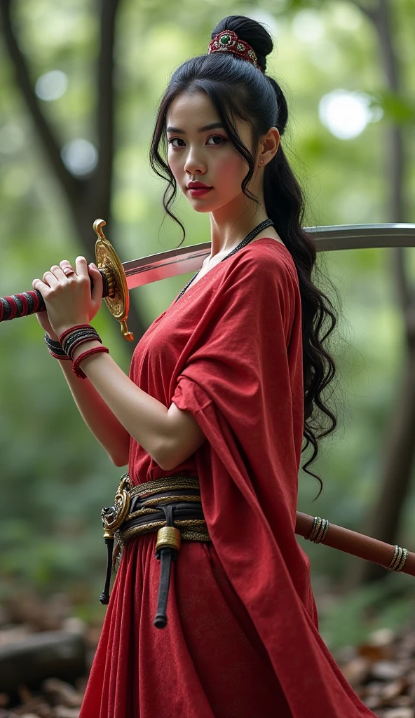 One-body photo A female superhero with an Indonesian face, 170 cm tall, she is a white woman with big breasts and a slim body. She wears Javanese traditional clothes made of soft and thin material She also holds a samurai sword while swinging it, forest background, silat horse stance pose, Best quality, 4k, high resolution, very detailed, realistic
