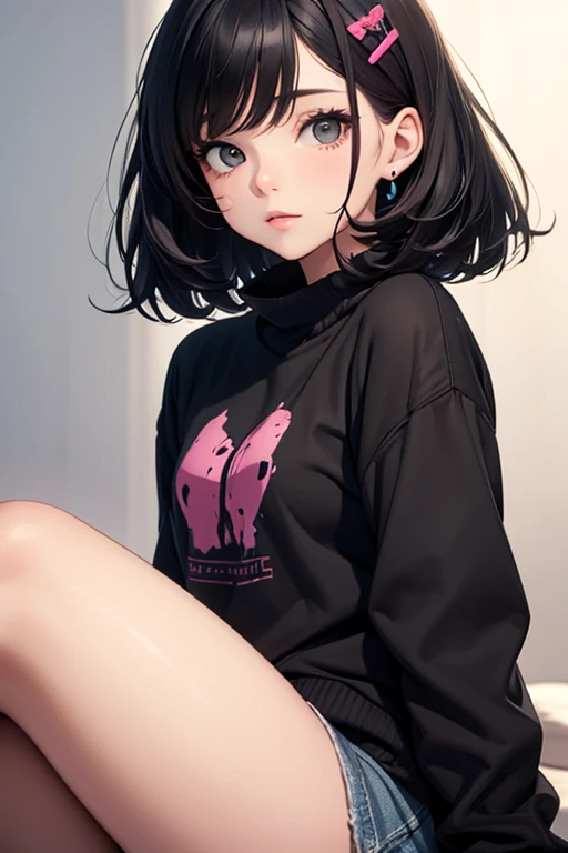 (Highest quality,Very detailed,High resolution:1.2),beautiful girl,Black very short hair,Black hair bangs, Wearing an oversized black T-shirt,very_Long eyelashes, Detailed lips, Cool look, Soft Skin, Shiny Hair,Exquisite makeup,Sitting on the couch