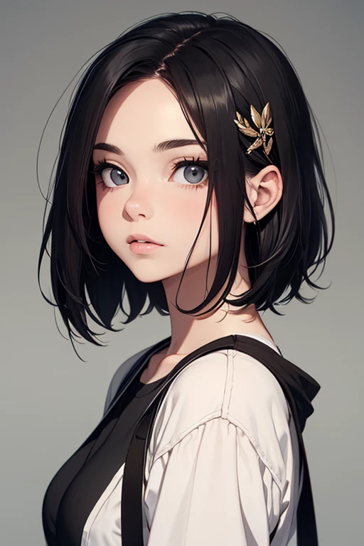 Uma garota, 14 anos, short black hair accessories, Pretty wearing minimalist and casual clothes. Best Quality, pretty face, HD, 8k