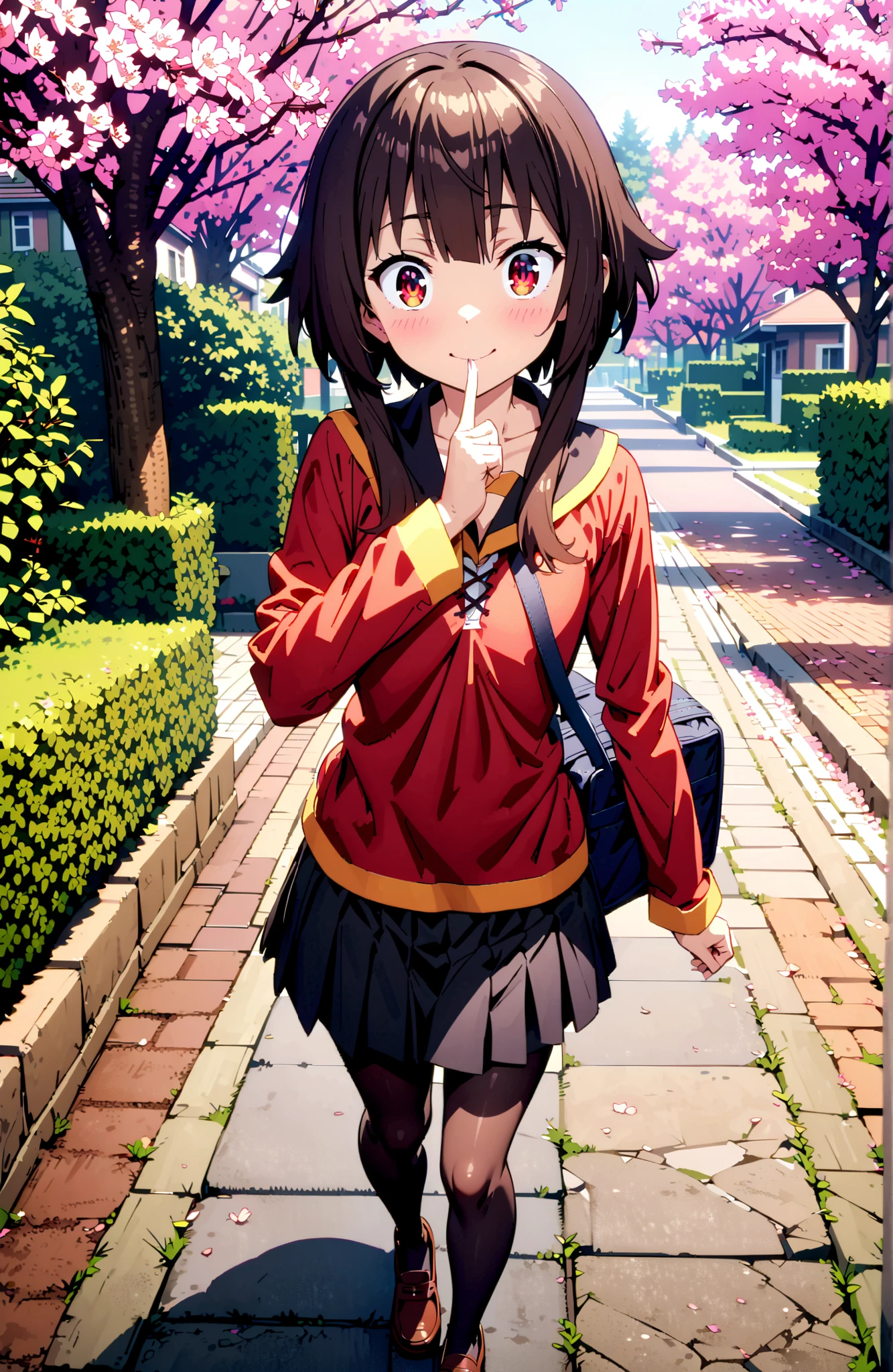 konosubaMegumin, Megumin, short hair, black hair, Red Eyes, short hair with long locks,
smile,blush,close your mouth,black sailor suit,long sleeve, black mini pleated skirt ,Black Pantyhose,loafers,Student bag 1 :1,cherry blossoms,is walking,morning,full bodyがイラストに入るように,break looking at viewer,full body,
break outdoors, residential area,
break (masterpiece:1.2), best quality in bronze, high resolution, Unity 8Kの壁紙, ( illustration :0.8), (beautiful detailed eyes:1.6), highly detailed face, perfect lighting, highly detailed CG, (perfect hand, perfect anatomy),