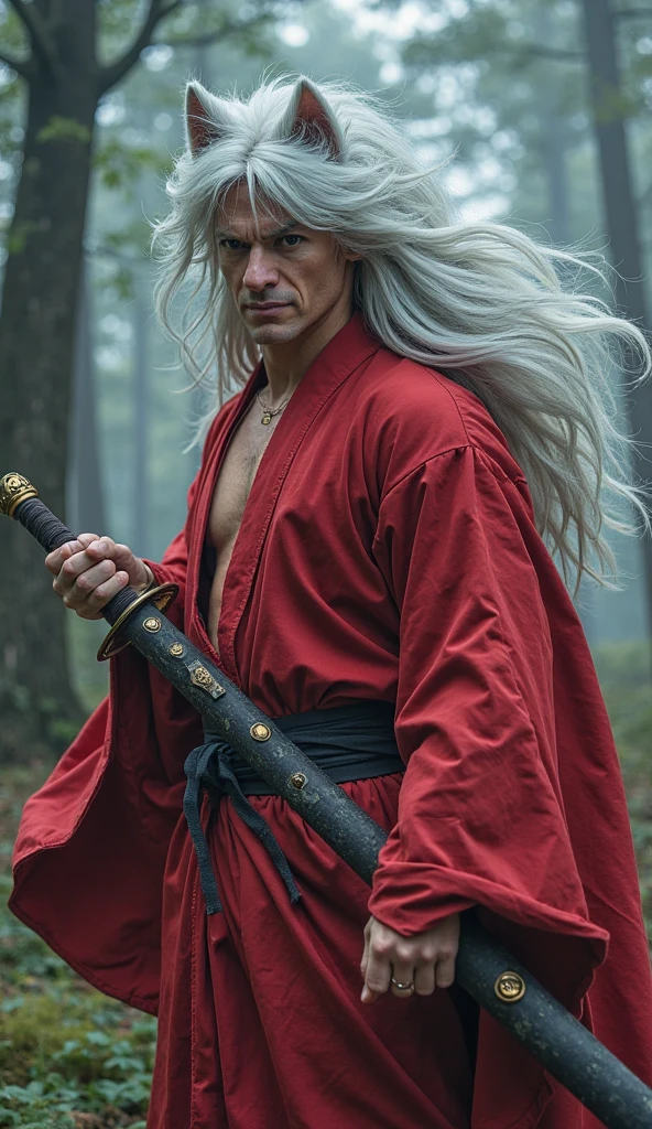 "A man in a hyper-realistic cosplay of Inuyasha from Inuyasha, exuding raw power and determination. He wears his iconic red kimono with wide sleeves, secured with an obi belt, showing intricate details and flowing with every movement. His long silver hair is wild and untamed, with strands framing his sharp, fierce face. His dog ears are prominently visible, highlighting his half-demon heritage. In his hand, he grips the Tetsusaiga, a massive, glowing sword with an aura of ancient energy, pulsing with power. His expression is intense, a mix of fierce defiance and unwavering resolve, capturing the essence of Inuyasha’s battle-ready nature. The setting is a mystical, fog-covered forest, with the light filtering through dense trees, casting dramatic shadows on Inuyasha’s form and sword. The atmosphere is charged with energy, as if preparing for battle, embodying Inuyasha's fiery spirit and his eternal conflict between the human and demon worlds."