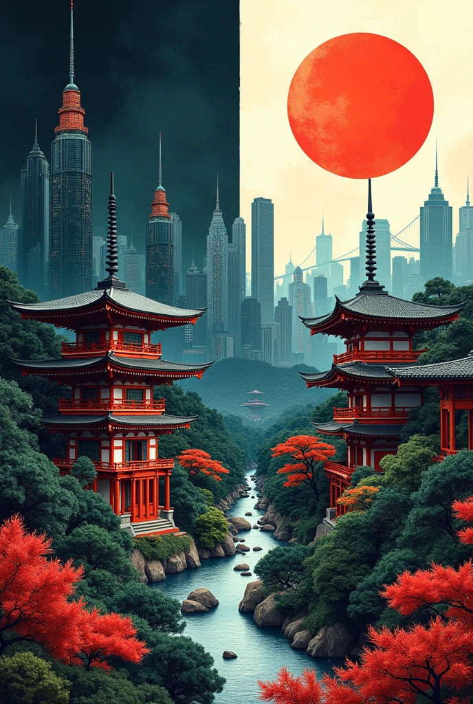 abstract drawing of the contrast in dark ancient Japan and bright Actaull Japan, with nature and architecture