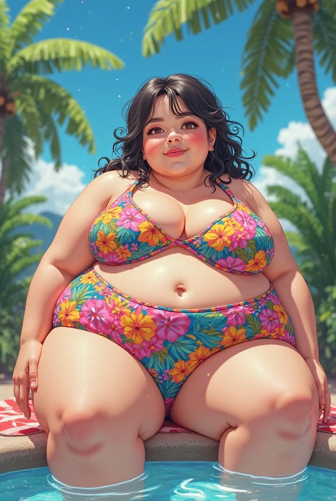 (work of art:1.2, best qualityer:1.2, dark ambient:1.1), SSBBW, Giant breasts, thunder thighs, soft, 1 girl, standing alone, Chel, Bblack hair, long hair, hombus stripe, eyes browns, darkskin, lipstick, breasts big, Broad Hips, top of the tube, neckleace, bared shoulders, emerald earrings, emerald bracelets, looking at the camera with a smug expression on his face, beach background, very large body, fat belly rolls, big breasts, sexy smile, fat arms, thunder thighs, super fat, looking at viewer, wet clothes, sweating very hard, sexy looking, blob, night beach, céu estrelado, night, very dark ambient, pov, sexy ambient, small girl