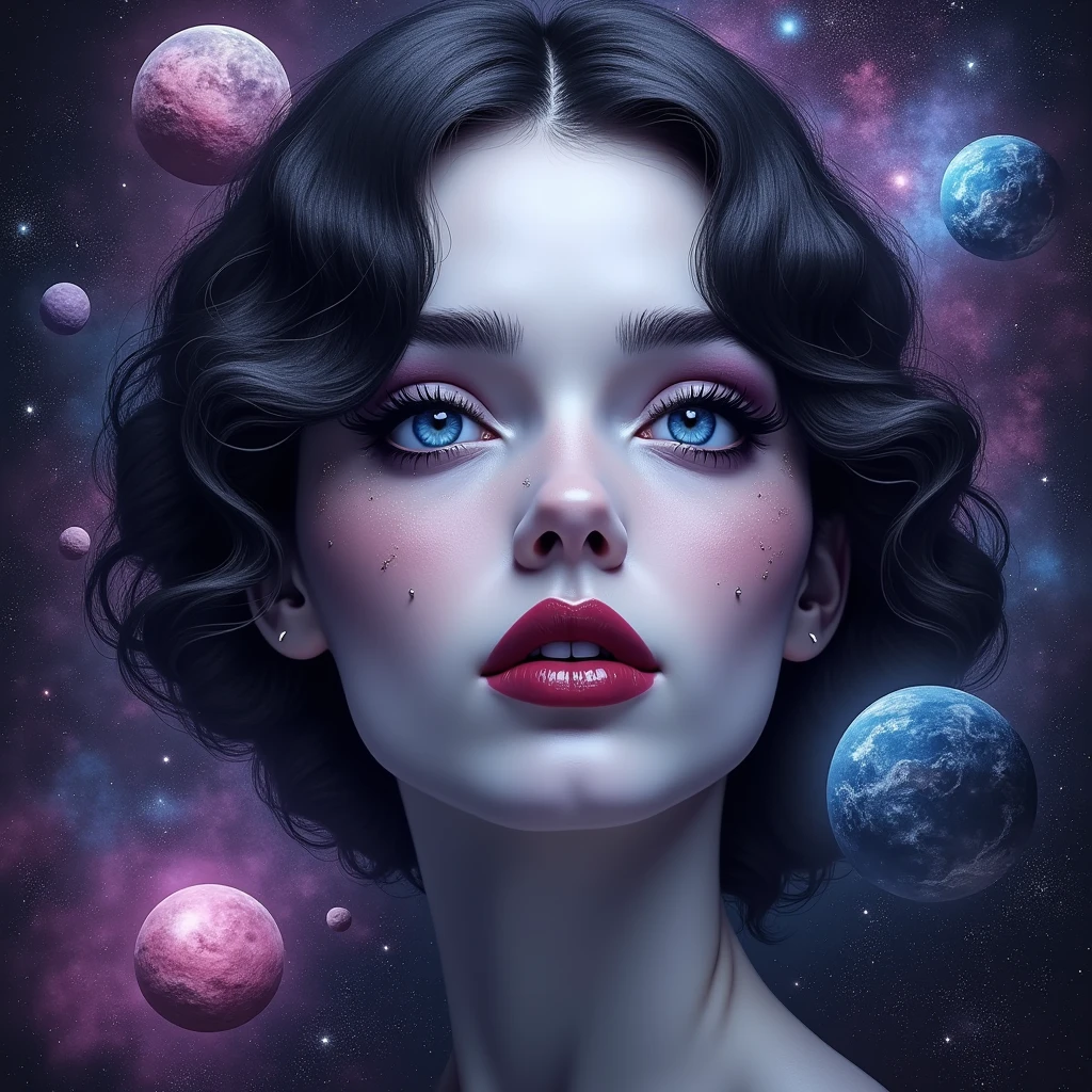 a black and white image of a beautiful woman with planets orbiting around her face, vibrant bright cobalt blue eyes and crimson red lips and a space background with nebulae