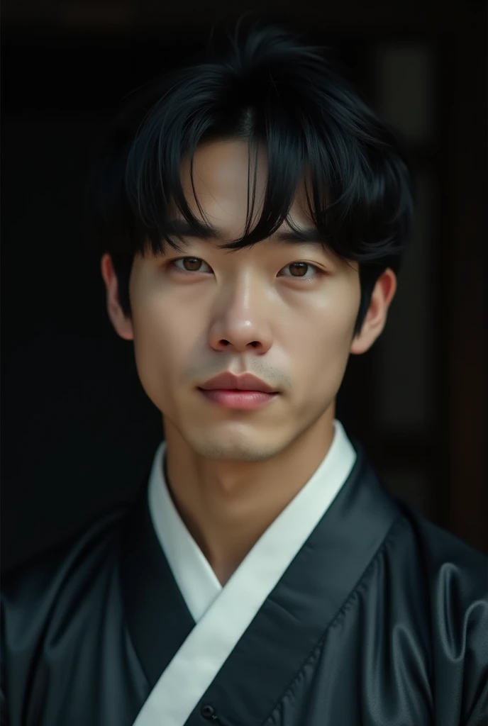 
Imagine an Asian man with round lenses, black hair with mushroom cut and pale. Golden eyes and abundant eyelashes. Conventionally handsome man wearing a traditional Chinese Hanfu in a dark setting. Empty face expression, lifeless