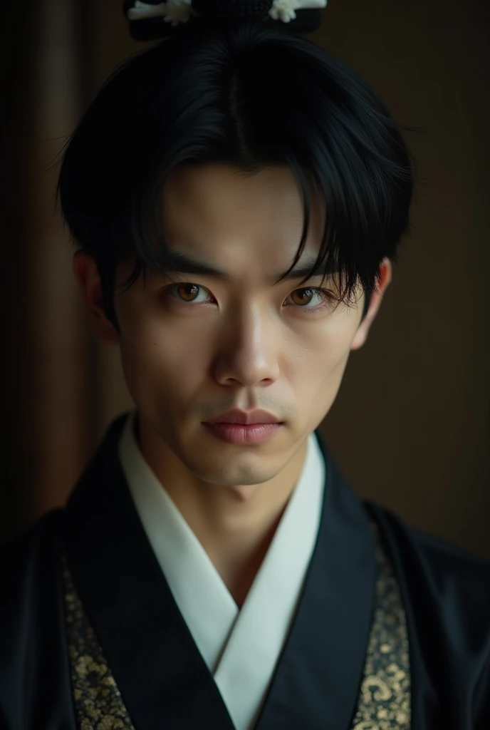 
Imagine an Asian man with round lenses, black hair with mushroom cut and pale. Golden eyes and abundant eyelashes. Conventionally handsome man wearing a traditional Chinese Hanfu in a dark setting. Empty face expression, lifeless