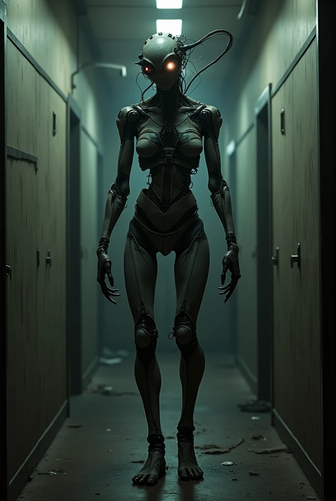 Xenomorph, alien-like, humanoid, tall and skinny, emaciated, all black leathery skin, large lifeless eyes, horrifying, long limbs, crawling through dimly lit hall, blood on floor, (realistic,photorealistic,photo-realistic:1.37), horror lighting, sharp teeth, alien, hairless, black skin, white eyes