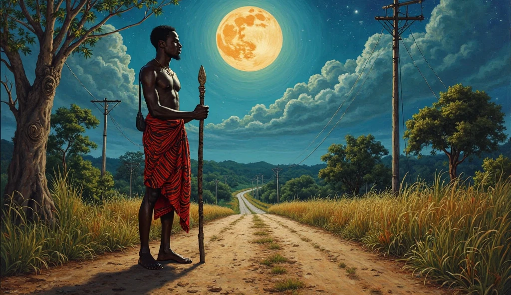 A traditional African painting of Exu standing at a rural crossroads under the moonlight. He wears traditional red and black cloth, holding an ogó (staff). The scene is sacred, not dark or evil, with African spiritual symbols around. Style: Afro-Brazilian realism, respectful, spiritual.