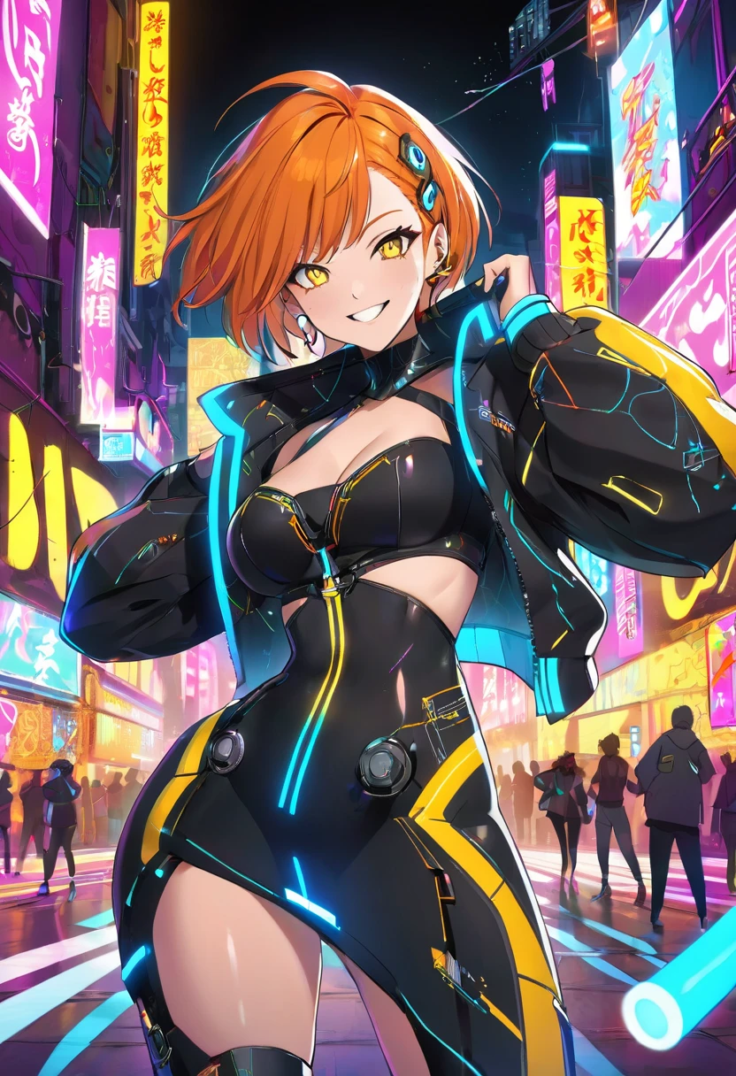 A woman in 2d anime style gangster clothes with her shirt open with her breasts showing