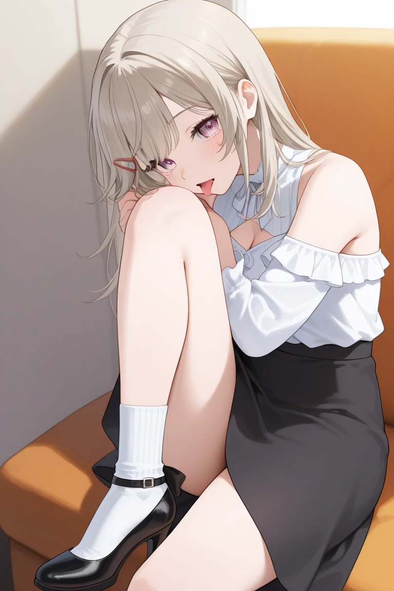 Tabletop, Highest quality, 1 person, alone,, ,Small breasts,NSFW,,,(Sit on a chair)(Spread your legs wide)(Being looked down upon)((You can see the streaks of the))(skirt)(Unaware)(defenseless)(No underwear)()))(15 years old)(You can see the pussy)(No underwear)(Hands behind back)
