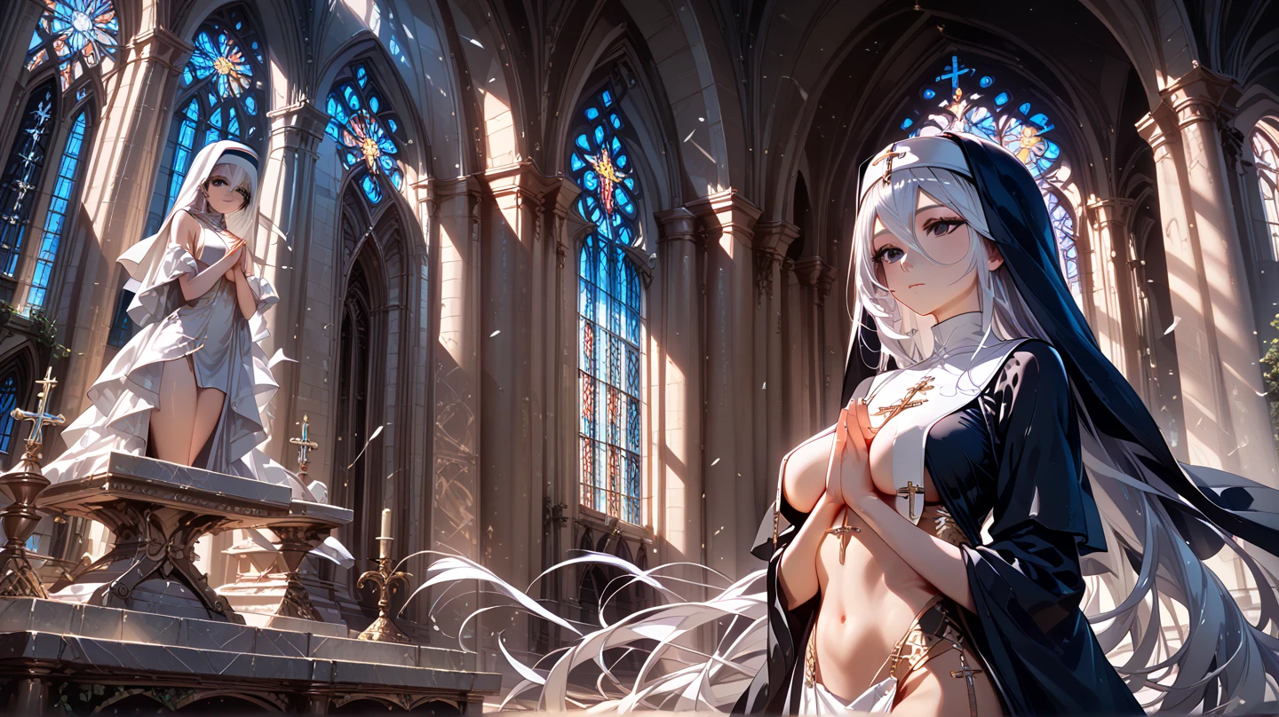 (masterpiece:1.8),(highest quality:1.8),(Very detailed:1.8),(8k:1.8),(Ultra-fine Illustration:1.5),,,Straight low twintail,Flat Chest,Small Ass,(High-grade metallic silver,,lingerie:1.4),(Prayer Pose:1.5),Vintage sofa,,(Full body angle), Stained glass, rainbow gradient,