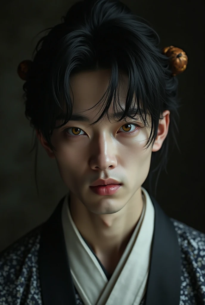 
Imagine an Asian man with round lenses, black hair with mushroom cut and pale. Golden eyes and abundant eyelashes. Conventionally handsome and androgynous man wearing a traditional Chinese Hanfu in a dark setting. Empty face expression, lifeless. semirealistic style