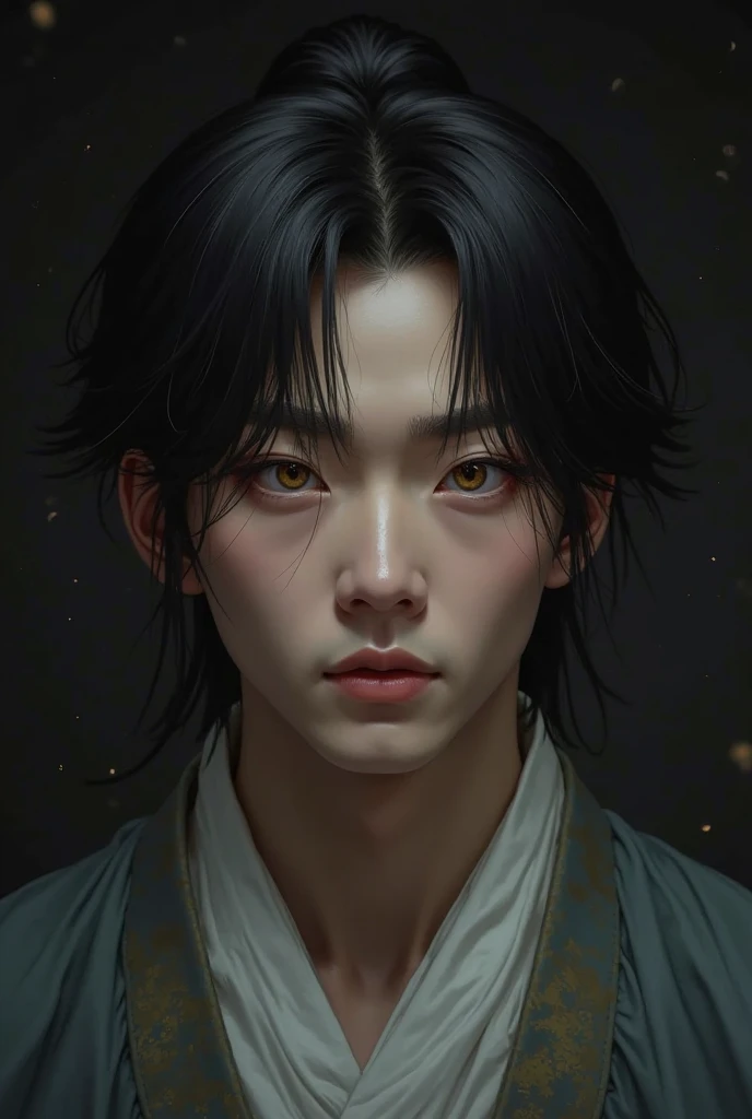 
Imagine an Asian man with round lenses, black hair with mushroom cut and pale. Golden eyes and abundant eyelashes. Conventionally handsome and androgynous man wearing a traditional Chinese Hanfu in a dark setting. Empty face expression, lifeless. semirealistic style
