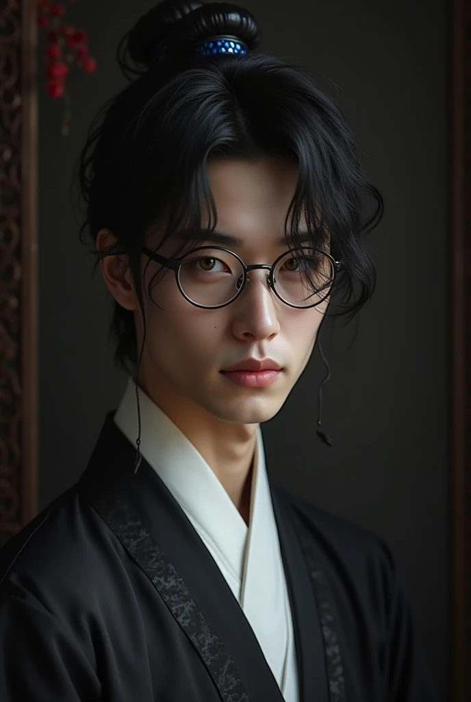 
Imagine an Asian man with round lenses, black hair with mushroom cut and pale. Golden eyes and abundant eyelashes. Conventionally handsome and androgynous man wearing a traditional Chinese Hanfu in a dark setting. Empty face expression, lifeless. semirealistic style