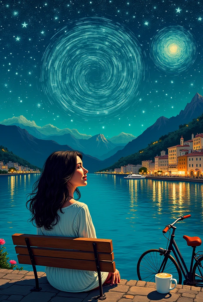 symbolic self-portrait In the style of Vincent van Gogh a girl who is happy with dark wavy hair, with visible brushstrokes , vibrant colors and composition in a horizontal direction. The scene depicts a quiet night in a city similar to New York or a European coastal city like in Greece. The sky is full of stars spinning in spirals, in turquoise tones , navy blue and emerald, with reflections that softly illuminate buildings, distant mountains and a lake that surrounds part of the city. There are no visible human figures, but there are symbolic details such as a bench with a flower, a cup of coffee and a bicycle leaning close to the water. The whole background transmits a mixture of tranquility, happiness and inspiration, with a touch of surprise and freedom.