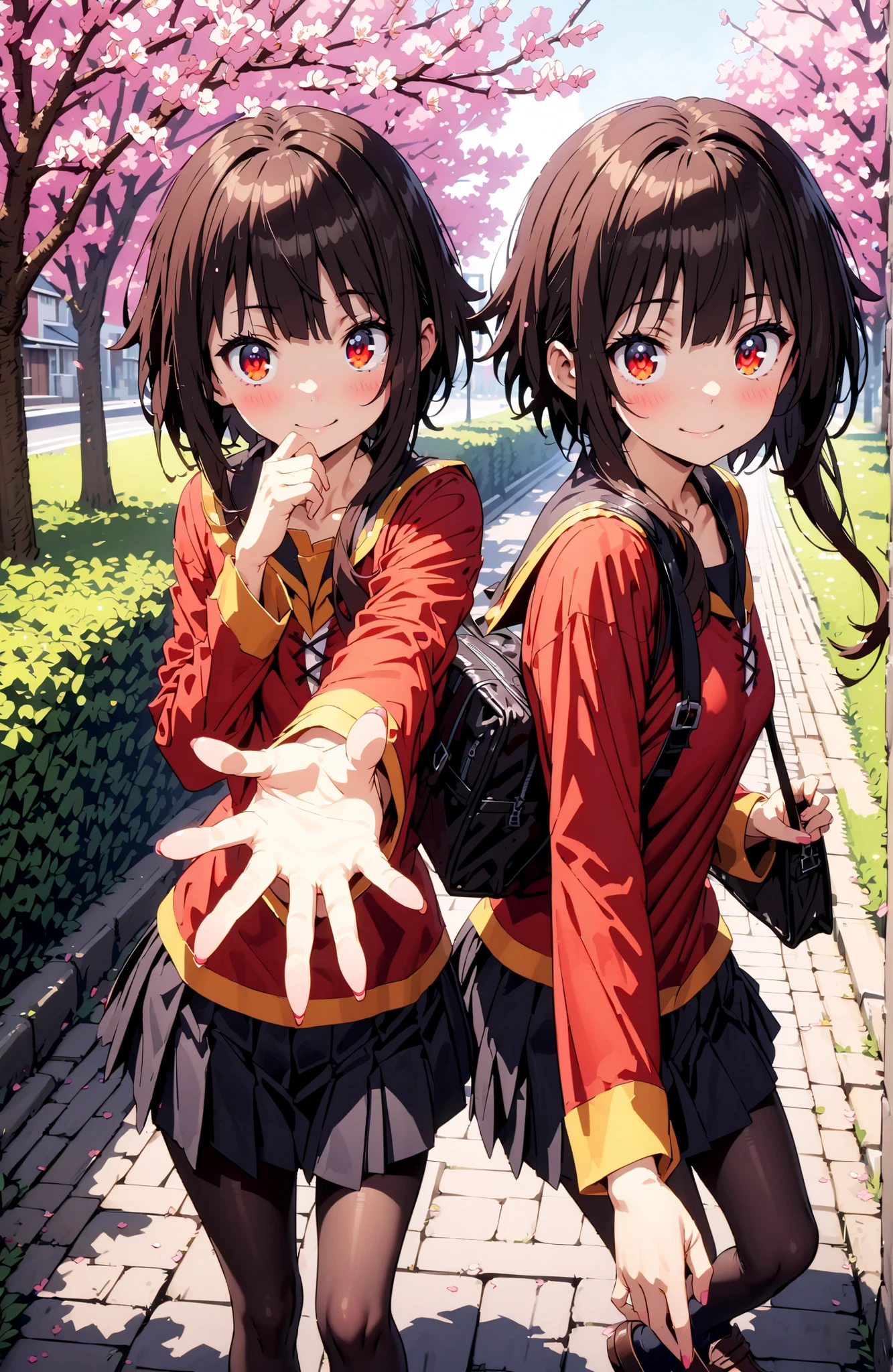 konosubaMegumin, Megumin, short hair, black hair, Red Eyes, short hair with long locks,
smile,blush,close your mouth,black sailor suit,long sleeve, black mini pleated skirt ,Black Pantyhose,loafers,Student bag 1 :1,cherry blossoms,is walking,morning,full bodyがイラストに入るように,break looking at viewer,full body,
break outdoors, residential area,
break (masterpiece:1.2), best quality in bronze, high resolution, Unity 8Kの壁紙, ( illustration :0.8), (beautiful detailed eyes:1.6), highly detailed face, perfect lighting, highly detailed CG, (perfect hand, perfect anatomy),