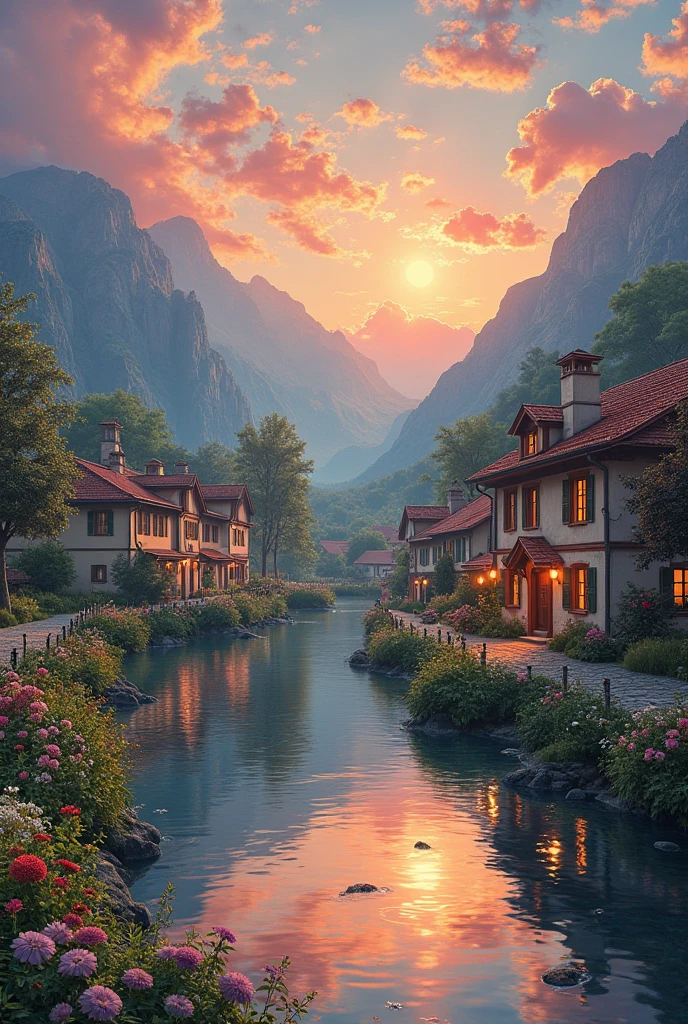 a small village by the river, mountains in the background, floral flowers colorful, detailed landscape, Beautiful natural landscapes, atmospheric lighting, scorching sunset, warm colours, practical, photopractical, Detailed Foliage, complex buildings, cobblestone street, Charming country house, swirly vibrant colors, lush vegetation, Still water reflections, Picturesque, idyllic, work of art, best qualityer, 8k, extremely detaild,anime styling