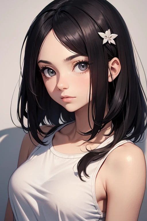 Uma garota, 14 anos, short black hair accessories, Pretty wearing minimalist and casual clothes. Best Quality, pretty face, HD, 8k