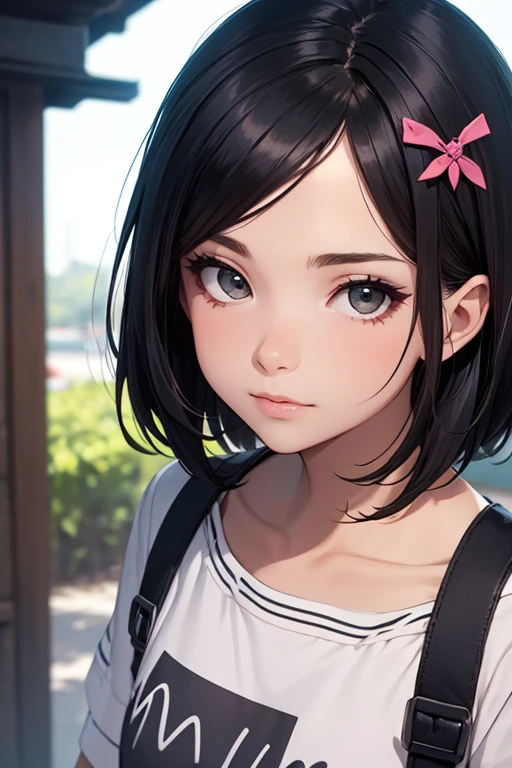 (8K, RAW Photos, Highest quality, masterpiece:1.3), (Realistic, photo-Realistic:1.4), (Highly detailed 8K wallpaper),One Girl, cute, Laughter, Professional Lighting, Plain,Photon Mapping, Radio City, Physically Based Rendering, Black Hair, Very short hair,Highest qualityの写真, High resolution, 1080P, (Beautiful face), (Detailed facial depiction), Vibrant, Extreme light and shadow, Dolly Bang Hair, masterpiece, Rich details, (Detailed facial features), (Highest qualityの写真), (masterpiece), (Finely tuned), dual、Look in front of you, Thin clavicle,Inside the hotel