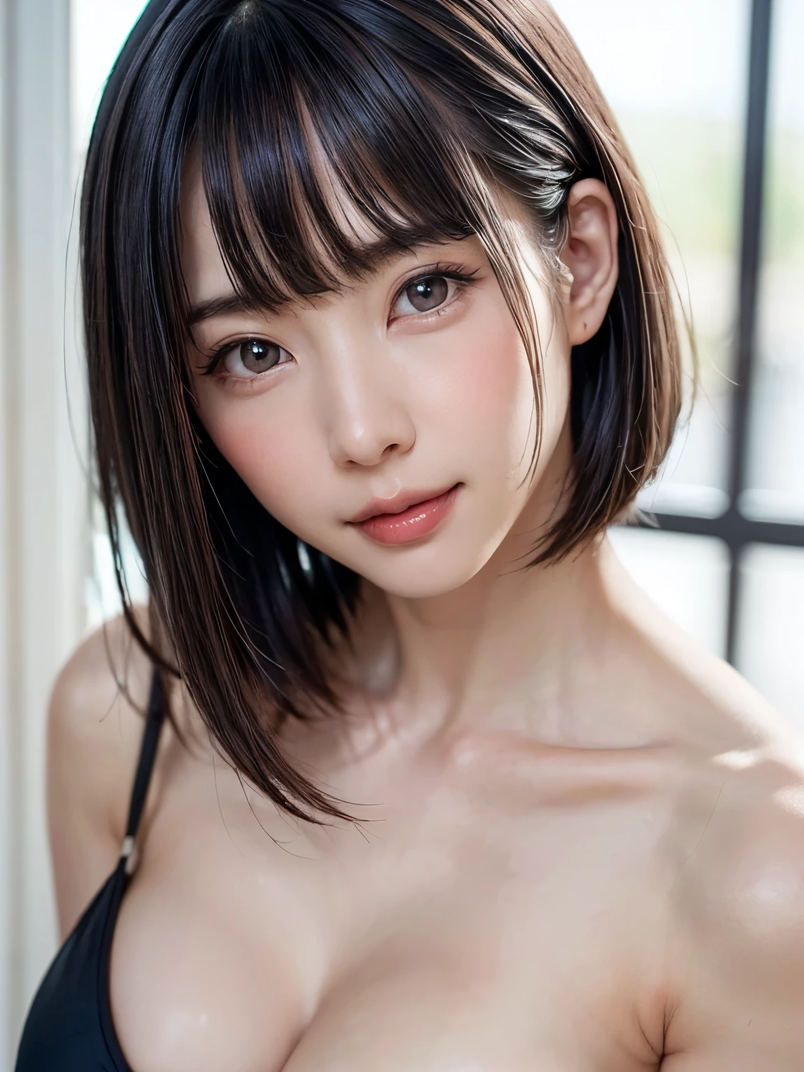 1 girl、highest quality、realistic、alone、Depth of written boundary、natural soft light、daytime、charm、beautiful face、cleanliness、pure face、white skin、cute、short hair、Bright light brown eyes:1.6、beautiful lips、bangs、beach、Light of the sun、Nedium Breast Body Esbian、((黄金比のbeautiful face、 対称性のあるbeautiful face))、long neck、show me your ears、stick out ears。bangsのあるきれいな短いボブヘア、smile with your mouth closed、perfect hands指、perfect hands、perfect body、perfect face、Shine a light into your eyes、perfect anatomy:1.6、とてもcuteスーパーモデル:1.6、{Huge|big|Hugeな|mega} chest, cleavage、smile:1.6、Very beautiful teeth:1.6