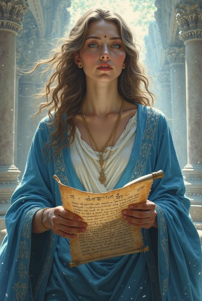 Create image of the beautiful muse Callíope with blue cloak and scroll in her hand 
Looking at me