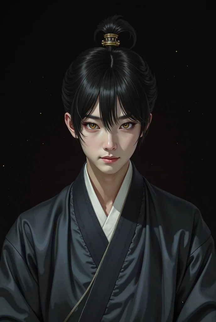 
Imagine an Asian man with round lenses, black hair with mushroom cut and pale. Golden eyes and abundant eyelashes. A conventionally beautiful and androgynous man wearing a traditional Chinese Hanfu in a dark setting. Empty face expression, lifeless. Semi-realistic style that looks at the camera with a calm and serious look