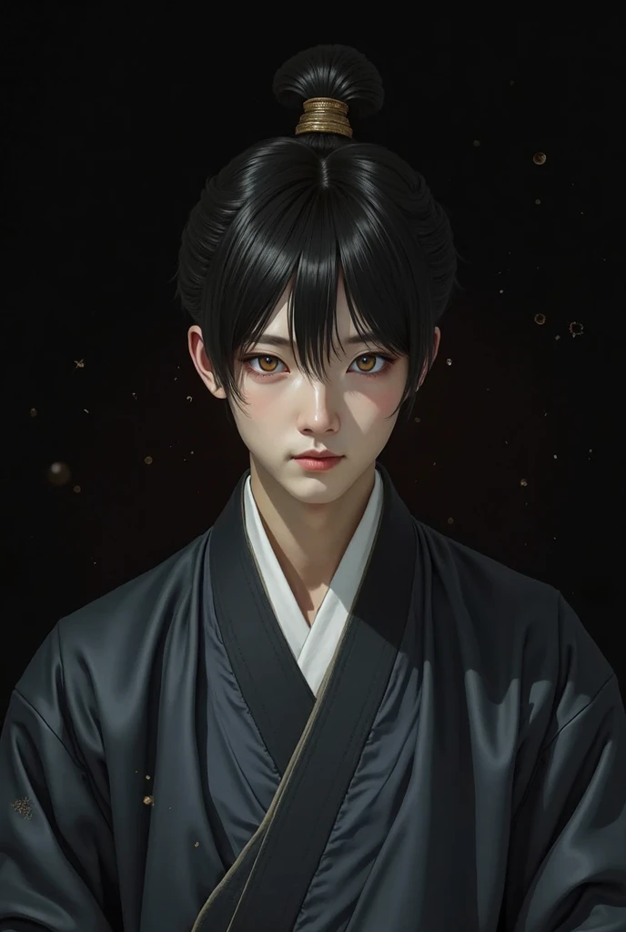 
Imagine an Asian man with round lenses, black hair with mushroom cut and pale. Golden eyes and abundant eyelashes. A conventionally beautiful and androgynous man wearing a traditional Chinese Hanfu in a dark setting. Empty face expression, lifeless. Semi-realistic style that looks at the camera with a calm and serious look