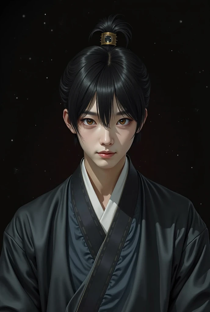 
Imagine an Asian man with round lenses, black hair with mushroom cut and pale. Golden eyes and abundant eyelashes. A conventionally beautiful and androgynous man wearing a traditional Chinese Hanfu in a dark setting. Empty face expression, lifeless. Semi-realistic style that looks at the camera with a calm and serious look