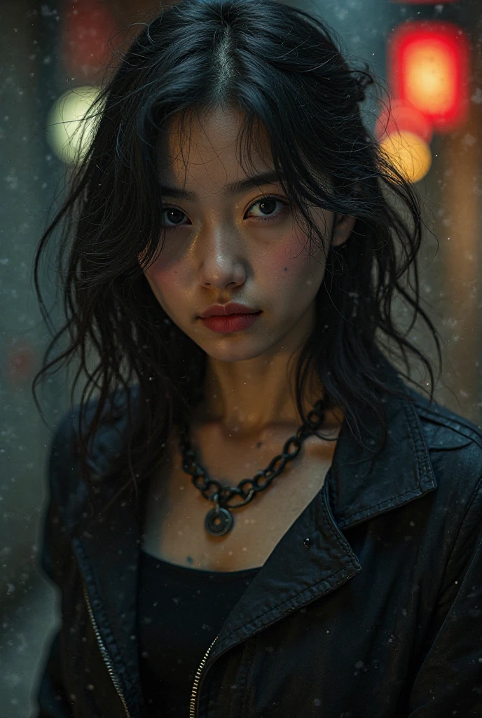 An Asian girl does a full body photo shoot in the theme of Darkside Killer while smiling facing the camera