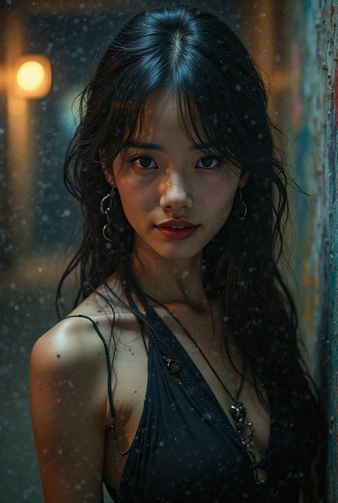 An Asian girl does a full body photo shoot in the theme of Darkside Killer while smiling facing the camera