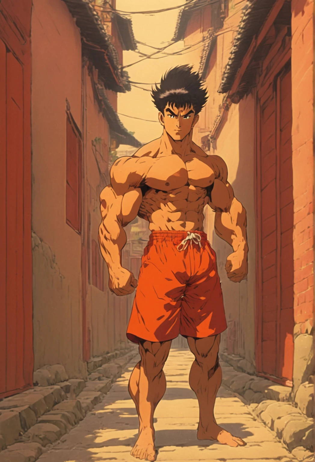 masterpiece,high quality,
<lora:beanbandit003:0.7>,
beanbandit,1man,
short hair,black hair,bangs,scar,brown eyes,chin,muscle,tall man,
shirtless,shorts,ocean,