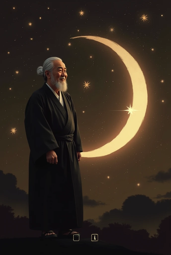 background: chromatic (gradient) from dark brown above black below.

left image: a figure of a middle-aged man dressed in traditional Japanese dress (Black kimono), is smiling (you can use your own picture or).

right image:

large crescent moon, has many small stars around.

black cloud/low , located below the moon.

Small logo: can place a small rectangular icon with the letter 「Wenjin Koda」(in the corner near the moon).

main inscription in the middle of the moon:
👉 「night の mari」(yoru no hidamari — soft light of night)