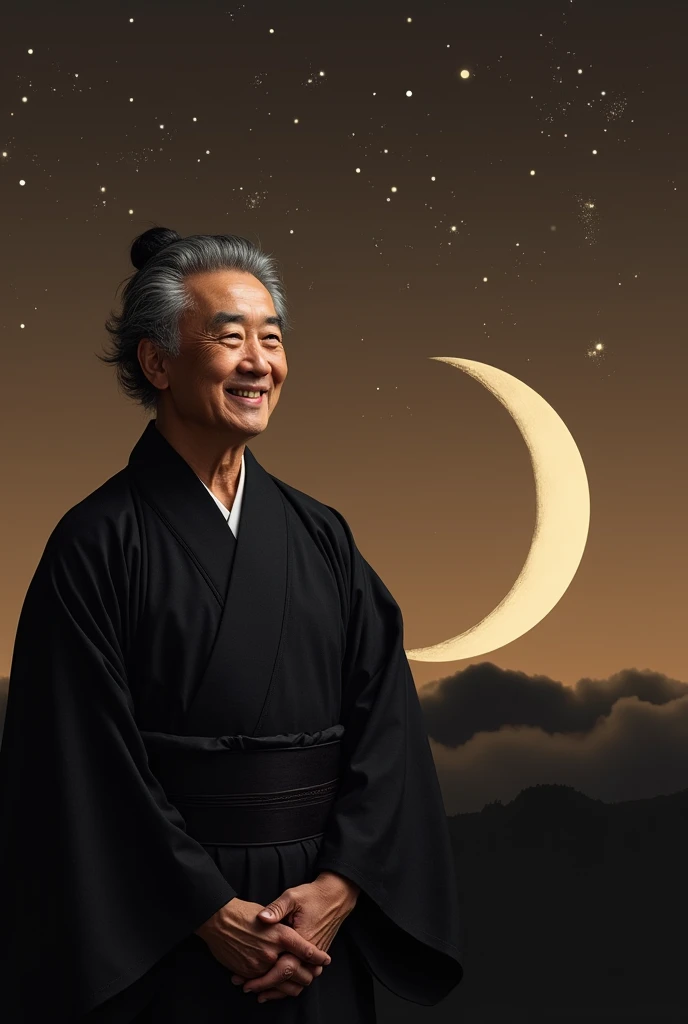 background: chromatic (gradient) from dark brown above black below.

left image: a figure of a middle-aged man dressed in traditional Japanese dress (Black kimono), is smiling (you can use your own picture or).

right image:

large crescent moon, has many small stars around.

black cloud/low , located below the moon.

Small logo: can place a small rectangular icon with the letter 「Wenjin Koda」(in the corner near the moon).

main inscription in the middle of the moon:
👉 「night の mari」(yoru no hidamari — soft light of night)