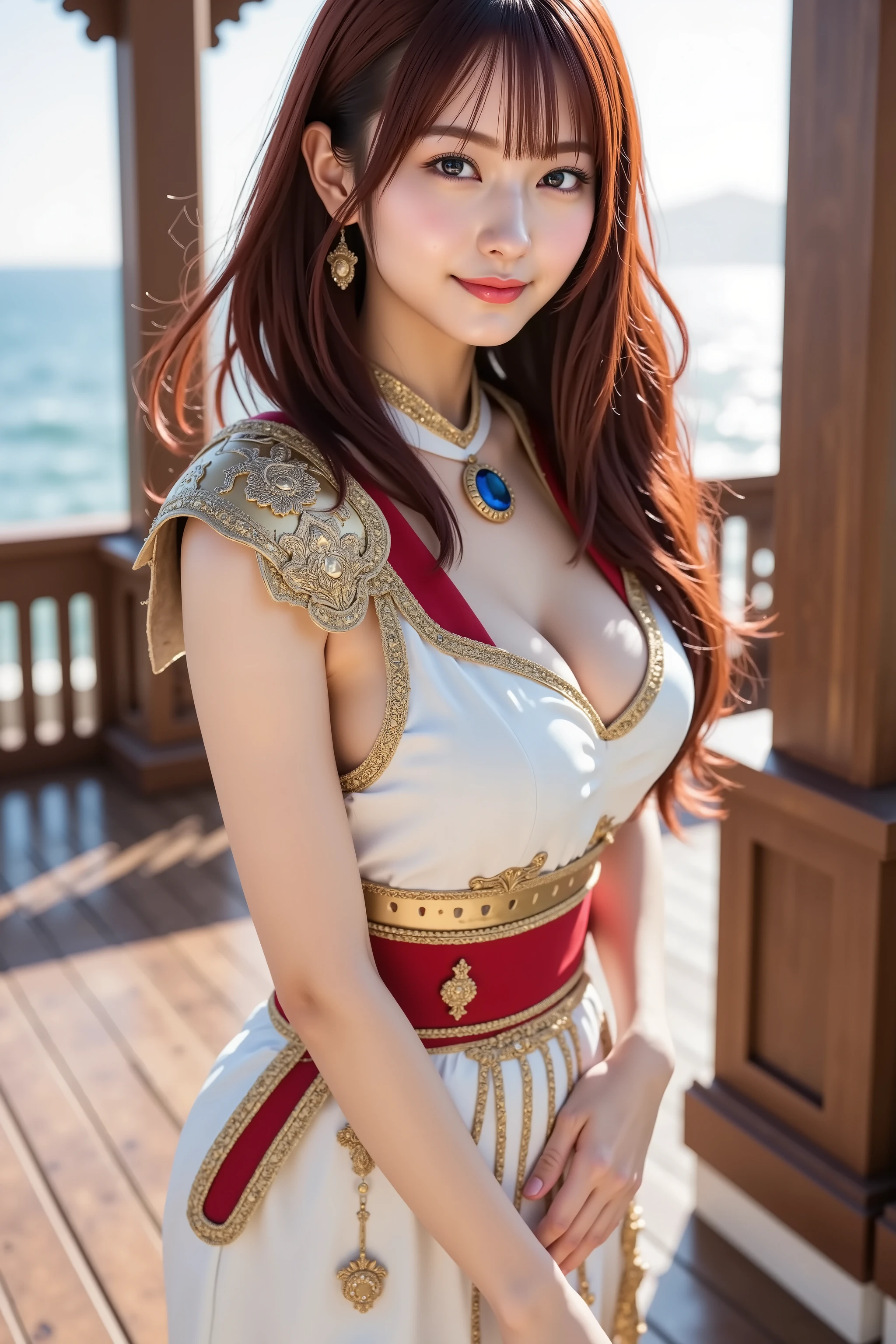 sakura, huge breast, ultra-detailed 8K CG illustration of a strikingly elegant young woman with long, flowing crimson red hair and vivid sapphire blue eyes, standing poised on a sunlit wooden terrace overlooking a shimmering ocean. Her entire body is fully included in the frame from head to toe without any cropping, allowing full appreciation of her powerful stance and intricately designed outfit. Her hair moves gently in the breeze with natural highlights enhancing the richness of its deep red tone, while a large, structured black ribbon tied at her back adds dramatic volume and a formal flair. She wears a meticulously crafted white high-collared top adorned with ornate gold embroidery and a blue gemstone brooch centered at her neck. The shoulders feature sculpted gold-trimmed armor plates, reflecting a ceremonial military style. Her fitted bodice follows the contours of her figure with precision tailoring and vertical red-and-gold accents, tapering into a wide crimson waist belt decorated with filigree patterns and ornamental chains that drape with elegant weight. Instead of a traditional robe, her lower garment is a modernized white mini skirt embroidered along the hem with subtle golden patterns, offering a contemporary balance of authority and femininity. A set of dark thigh straps and sleek, high-heeled leather boots with functional clasps and gold accents complete the look. Her posture is upright and composed, with one hand lightly curled at her side and her expression calm yet commanding. The background consists of a richly rendered wooden terrace with carved railings and classical columns bathed in warm afternoon sunlight. The ocean beyond sparkles under the golden sky, with soft highlights bouncing off the waves and faint reflections appearing in the polished floorboards. Light and shadows fall realistically across her figure and surroundings, accentuating the textures of fabric, leather, skin, and metal. The visual style is hyper-realistic, focusing on ma