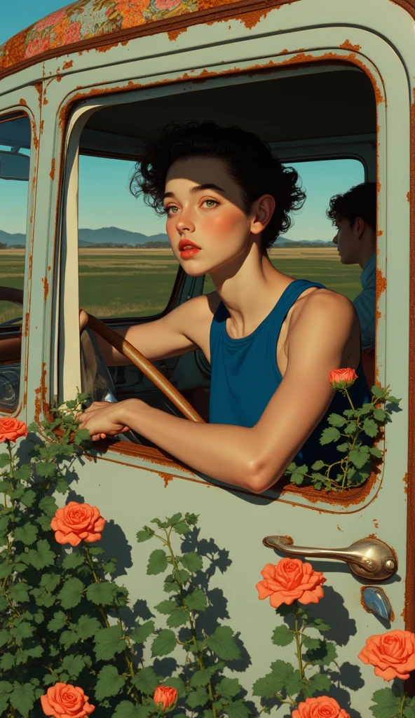 A young woman in a blue tank top sits in the driver's seat of a vintage car, surrounded by flowers and greenery. The car has a rusted exterior and a floral pattern on the roof. The woman's gaze is directed off to the side, and she appears to be looking out the window