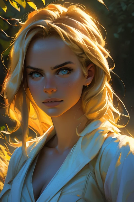 hot blonde girl, detailed facial features, alluring expression, confident posture, flowing hair, dramatic pose, photorealistic, 8K, cinematic lighting, natural outdoor setting, summer landscape, golden hour, vibrant colors, dramatic shadows, portrait photography style, professional quality, highly detailed, realistic skin textures, vivid colors,HDR,physically-based rendering,ultra-fine (Maga, realistic), (oil painting in sfumato technique)