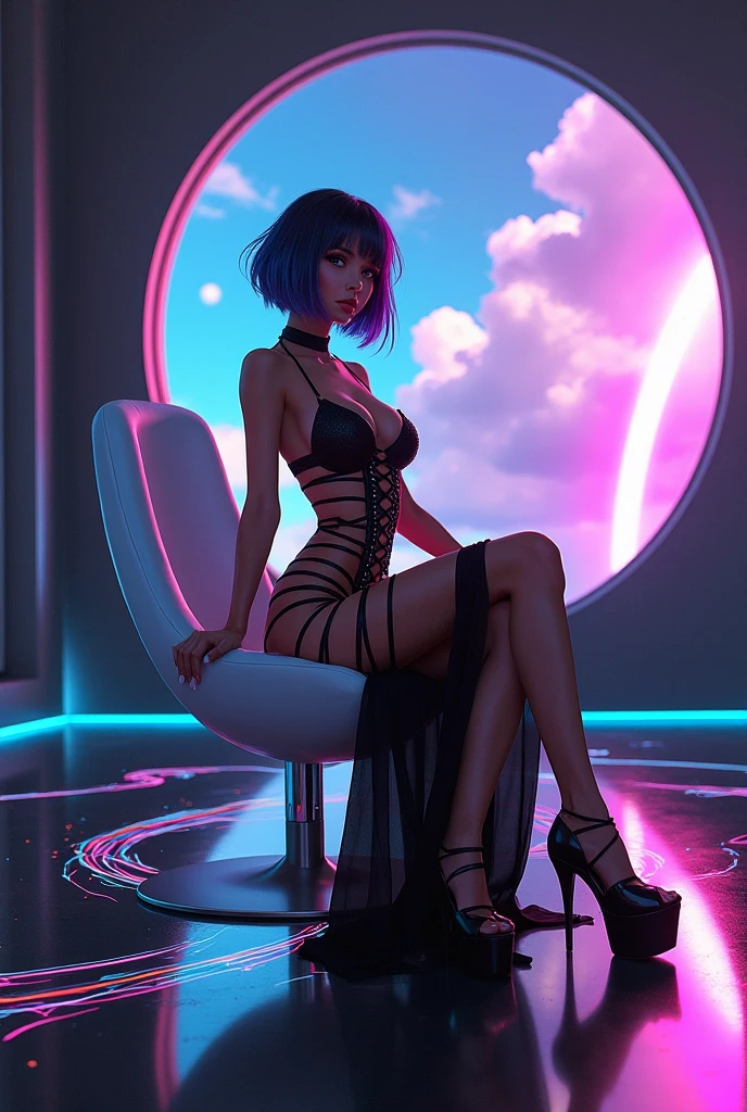 (A meticulous detailed 18 yr old hourglass figure and huge revealing breasts. she's sitting on the floor alluringly. Cyberpunk clothes are dripping metallic paint )( skin covered in multicolored metallic splashed paint), realism, real eyes, smiling, fun, happy, trending on pixiv, atmospheric lighting, intricate,Fashion photo (multicolored paint dripping and splattered everywhere)ambient occlusion,volumetric lighting,glamorous, ray tracing, path-traced,tattoos,professional lighting,backlit,Deviant-art, hyper detailed(((in a dimly lit art studio with wet floors))) (( Anime style illustration)) ((art by ayami kojima, art by artgerm and jeehyung lee)) big buttocks