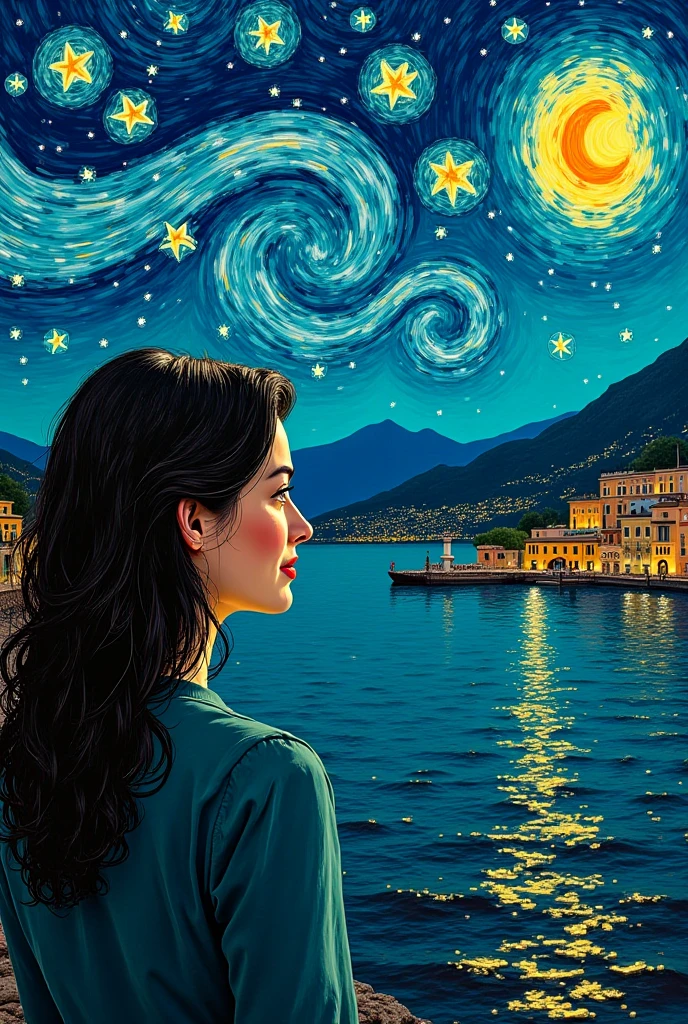 symbolic self-portrait in the style of Vincent van Gogh, Girl with dark wavy hair and that you can't see that she's happy, calm but that you don't see much of the profile with visible brushstrokes, vibrant colors and composition in a horizontal direction. The scene depicts a quiet night in a city similar to New York or a European coastal city like in Greece. The sky is full of stars spinning in spirals, in turquoise tones , navy blue and emerald, with reflections that softly illuminate buildings, distant mountains and a lake that surrounds part of the city. There are no visible human figures, , but there are symbolic details such as a bank, flowers, a drink like a bicycle and that it may be that they are like some small boats in the river