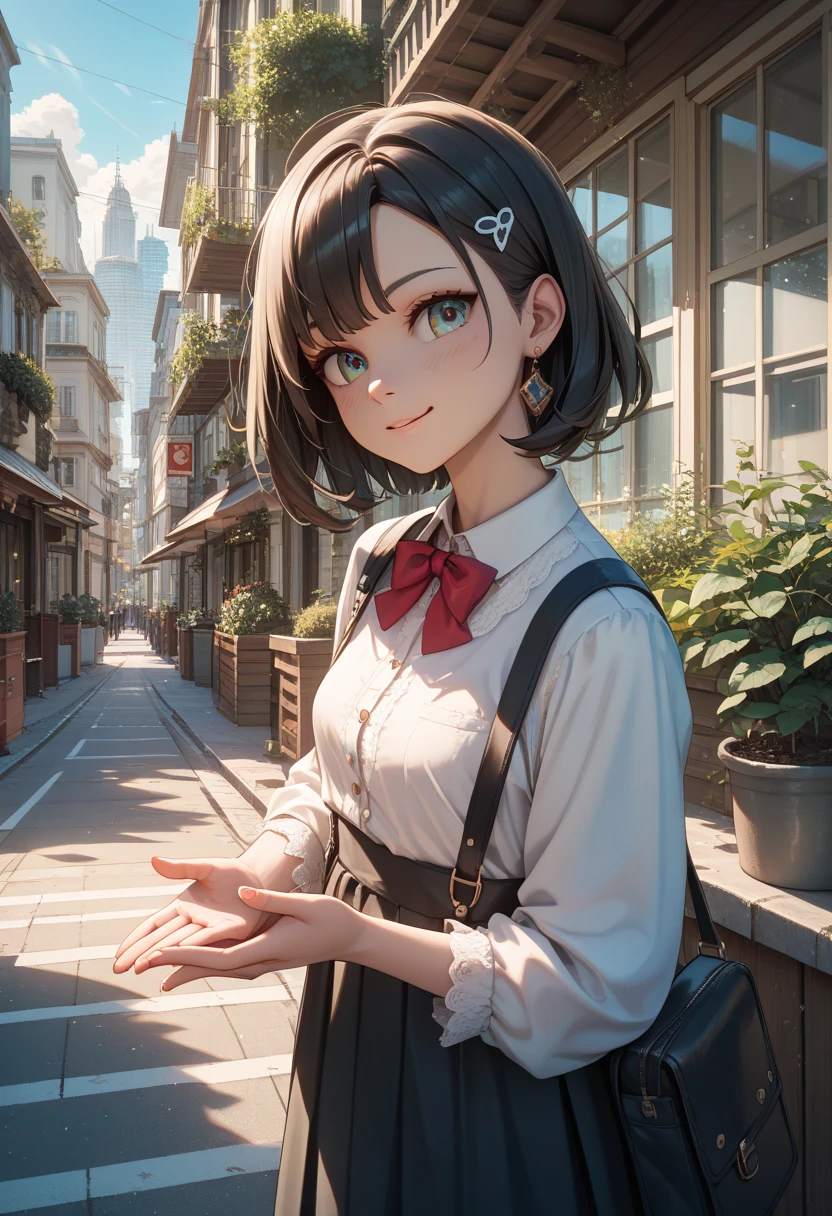 best quality, integrated scenery, integrated background, extremely delicate and beautiful, meticulous details, good composition, cute face, perfect face, perfect hands ,Masterpiece, Best Quality, illustration, city street, 1teen_girl,black_medium_hair,