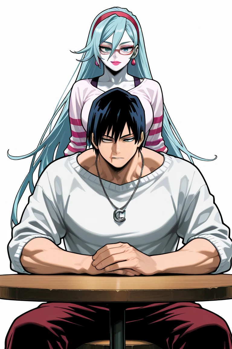Couple, man 1 and woman, height difference, Touji the man, very tall woman with her hand on Touji's head, sitting drinking mate, round table.

Man 1: man, alone, touji_fushiguro, black hair, black eyes, short hair, hair between eyes, bangs, black hair, muscular man, scar, scar on face, center part, short hair, black hair, muscular body, handsome, cool, black hair, muscular, slim body, broad back, long-sleeved white shirt, black pants, sitting.

Woman 1: zzGhoulia, long hair, blue hair, glasses, colored skin,white skin, light blue hair,blue eyes, very long hair,zzGhoulia, long hair, blue hair, glasses, colored skin, blue eyes, very long hair, jewelry, hairband, earrings, makeup, lipstick, striped, necklace, red pants, fishnets,, large breasts, thighs, hips, white background,Kohei Horikoshi, My Hero Academia